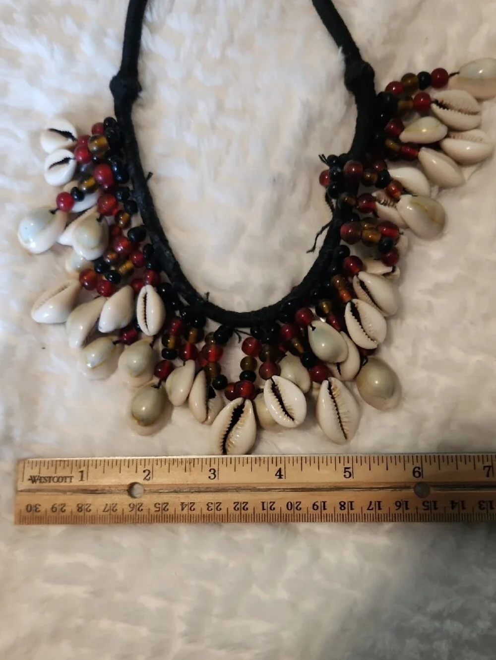 Handmade Cowrie Shell Necklace with Red and Brown Beads Boho Vibe - Picture 5 of 6